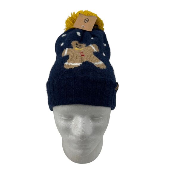 Gingerbread Pom Pom Beanie Hat Youth One Size Navy Knit Holiday Christmas Theme - Picture 1 of 11